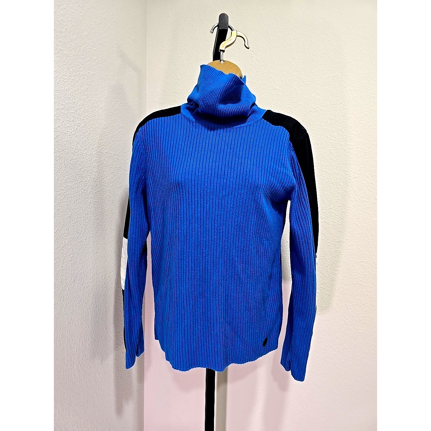 Cybergoth Futuristic Quilted Sleeve Ribbed Turtleneck Knit Sweater Blue Womens M